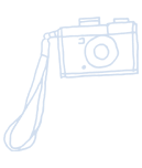 Line illustration of a camera with a hanging strap